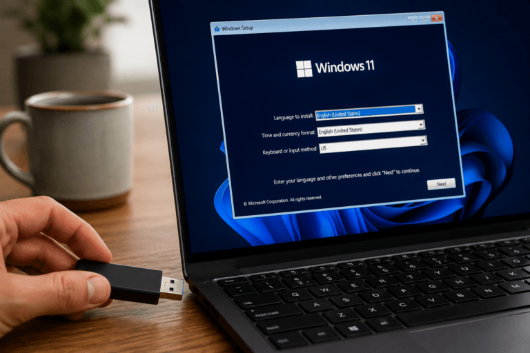 Mão segurando pendrive USB em laptop com tela de instalação do Windows 11