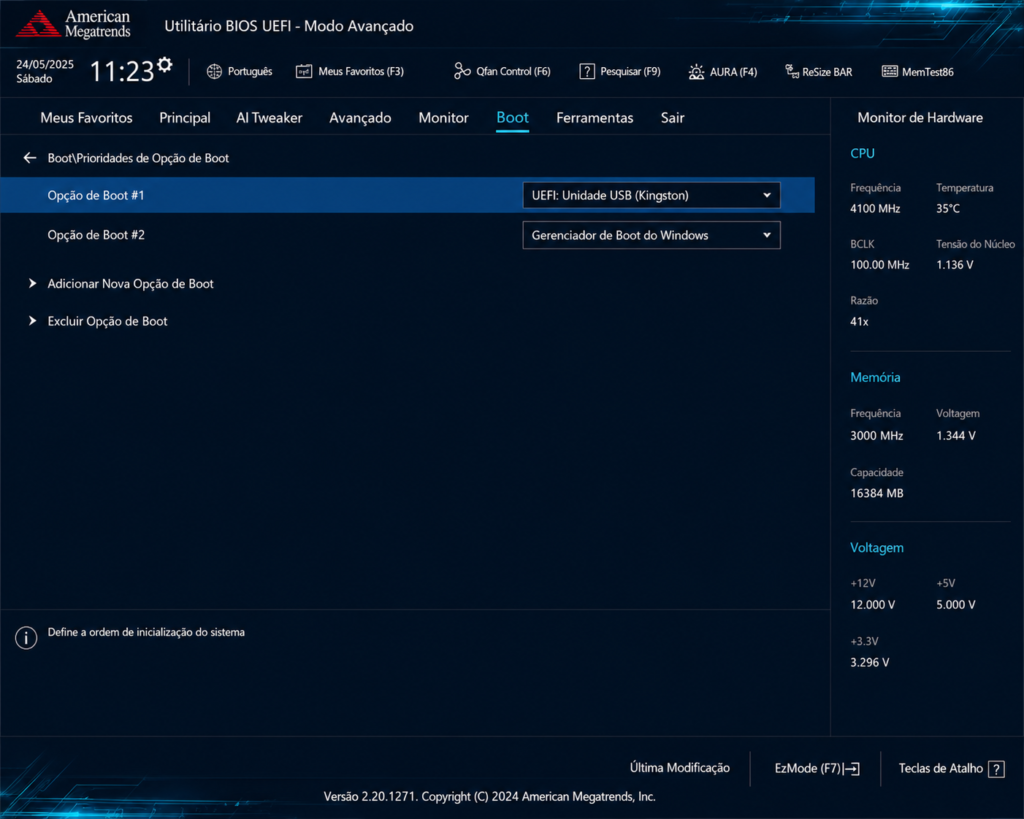 Tela da BIOS do computador mostrando a lista de boot com o pendrive USB como primeira opção