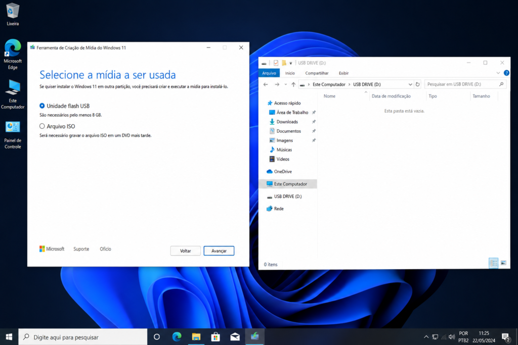Tela da Ferramenta de Criação de Mídia do Windows 11 com a opção unidade flash USB selecionada