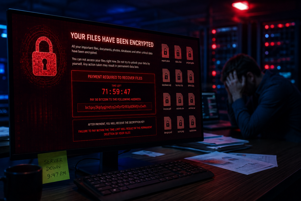 Tela de computador com alerta de ransomware em vermelho mostrando mensagem de extorsão e arquivos bloqueados com ícones de cadeado