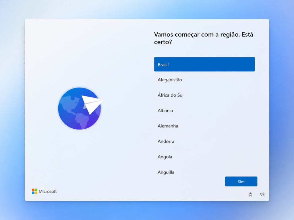 Tela de configuração inicial do Windows 11 mostrando a escolha da região Brasil