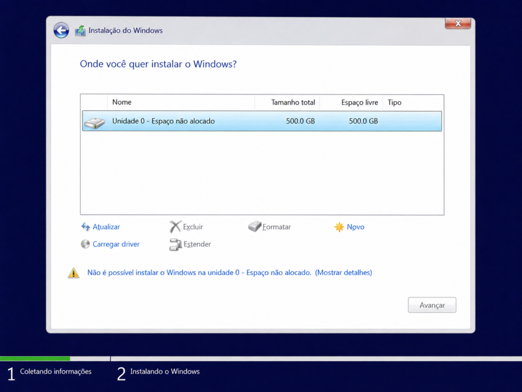 Tela de instalação do Windows 11 mostrando o espaço não alocado do disco para seleção
