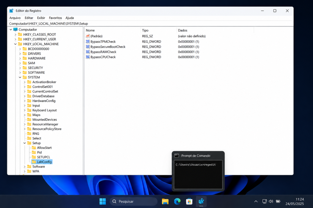 Tela do Editor do Registro do Windows mostrando a chave LabConfig com as configurações de bypass TPM e Secure Boot