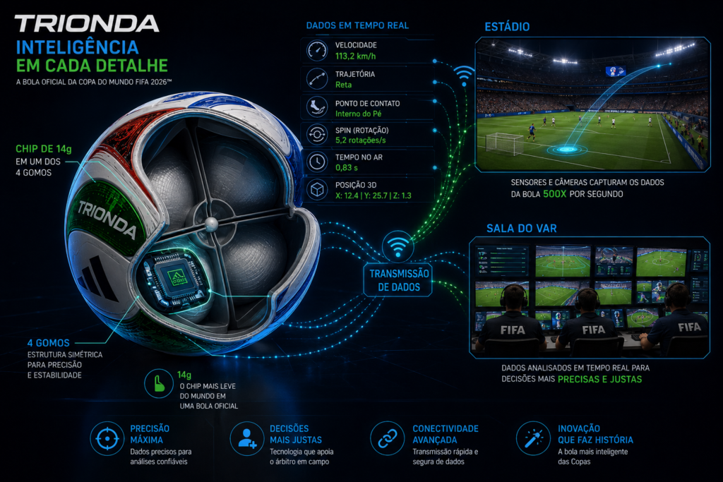 Infográfico demonstrando funcionamento do chip de 14 gramas dentro da bola Trionda conectado ao sistema VAR